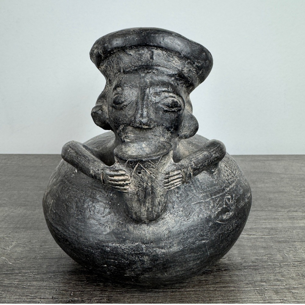 Antique Pre-Columbian Chimu Blackware Pottery Figural Stirrup Spout Vessel Man